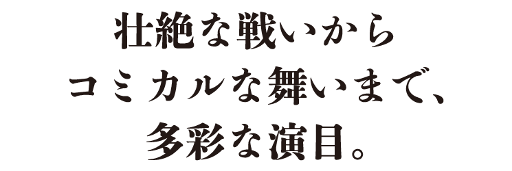 壮絶な戦いからコミカルな舞いまで、多彩な演目